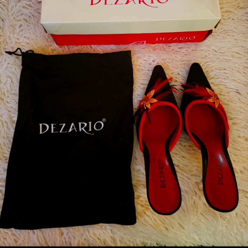 Dezario Suede Backless Low Stiletto Heel with Gold Rhinestone Feather Accessory